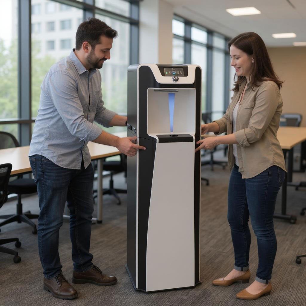 Team-installing-Waterlogic-water-cooler-office Man and woman installing a Waterlogic water cooler in a modern office with large windows and contemporary furniture