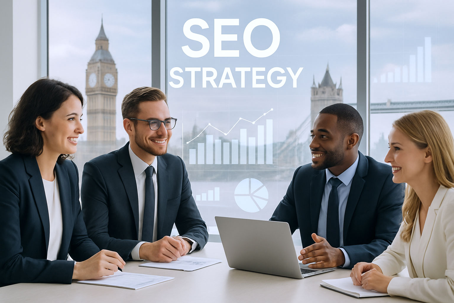 expert-seo-services-uk-business-team mage of a professional business team discussing SEO strategy with UK landmarks in the background.