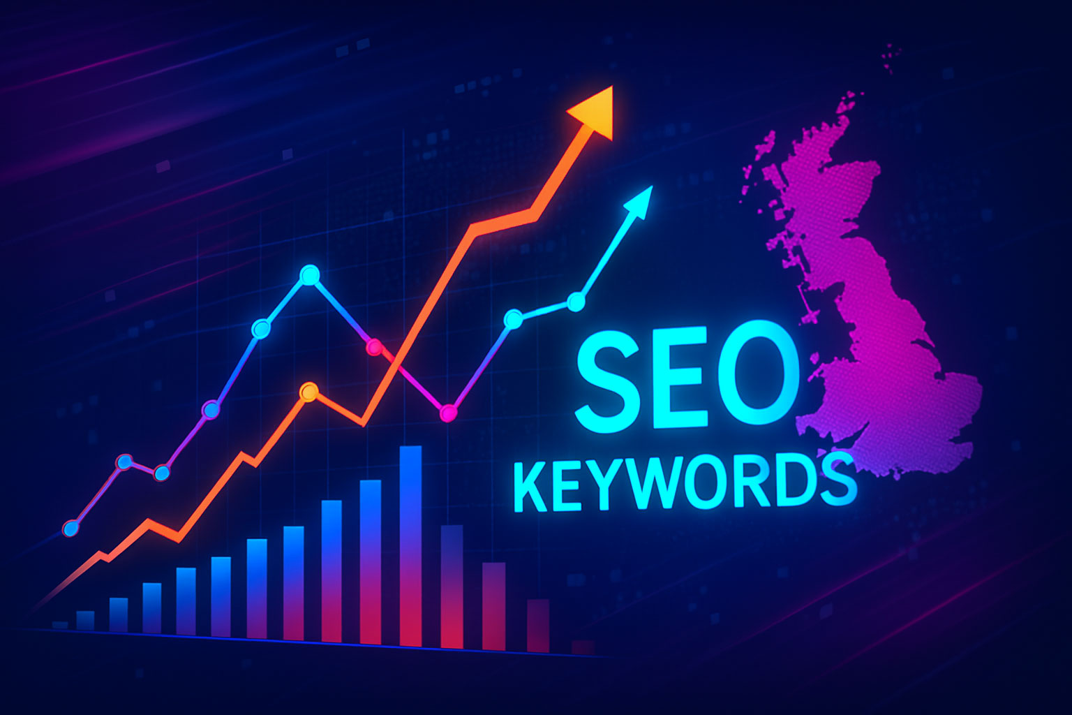 seo-digital-growth-uk-analytics Image of a dynamic digital growth concept with upward trending graphs, SEO keywords, and a UK map.
